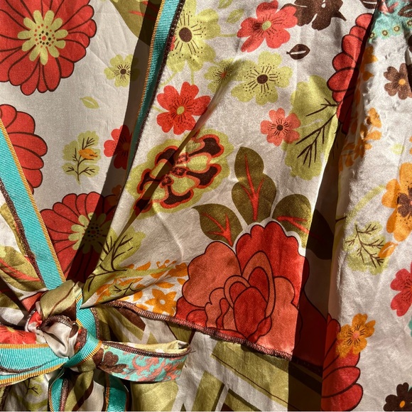 CAbi Silk Babydoll Kimono Vibrant Boho Front Tie Floral and Stripe Blouse S - Picture 7 of 14